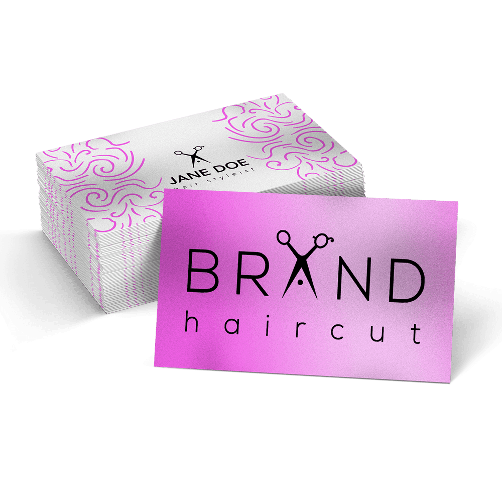 A display of professional Business Cards featuring a pink and purple 'BRAND haircut' design and a Jane Doe hair stylist logo.