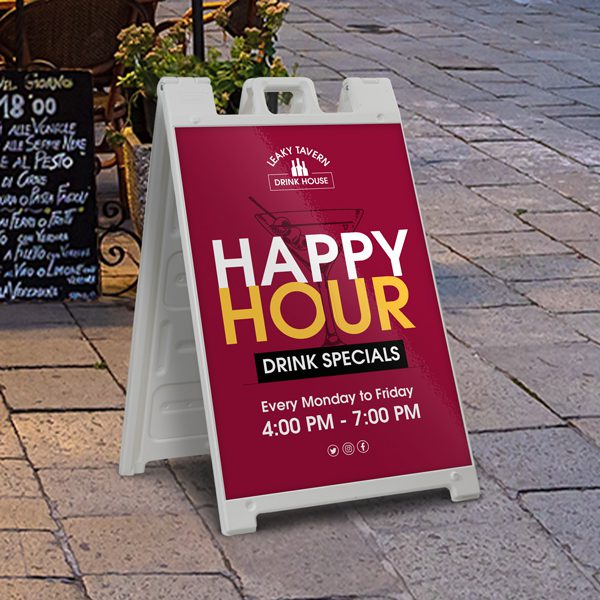 A durable PVC Sign featuring a 'HAPPY HOUR' with Red and Yellow writing displayed in a sidewalk sign Aboard Frame.